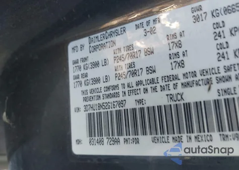 2002 Dodge Ram 1500 St из США, поврежденный, VIN 3D7HU18N52G167097